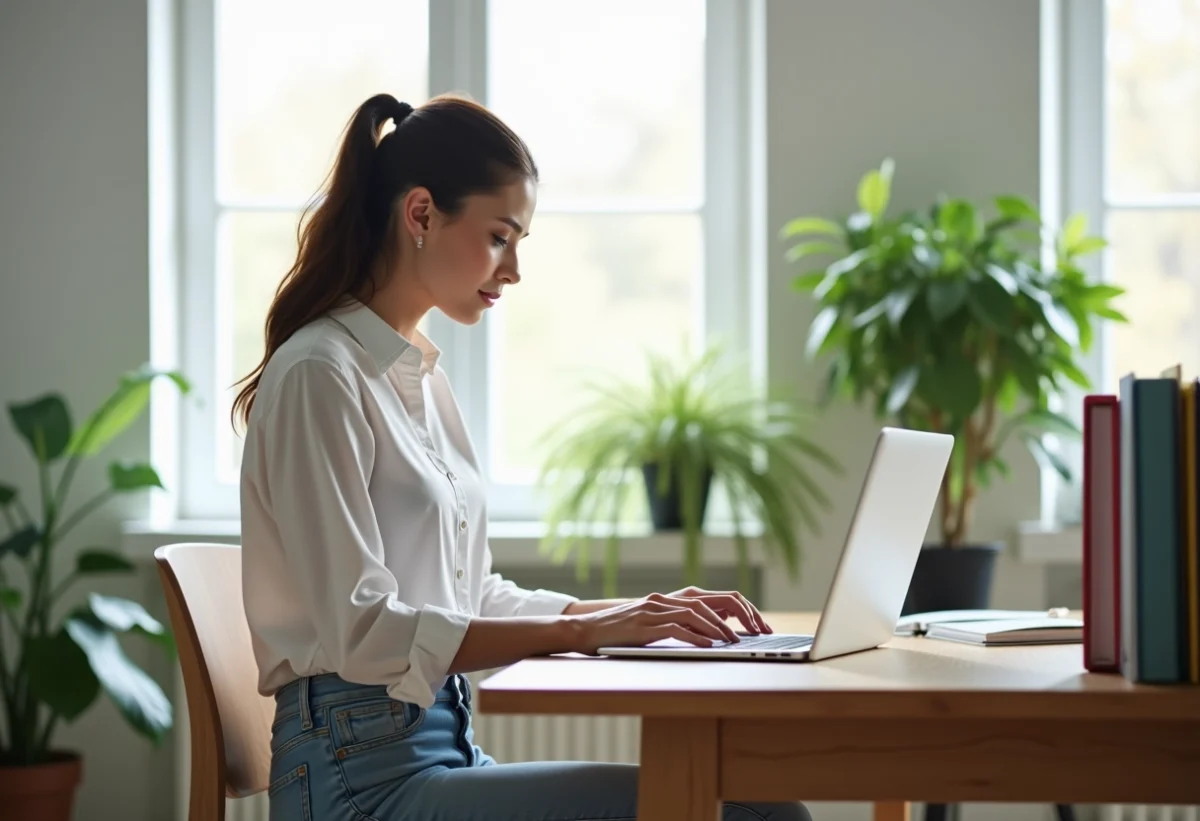 Jeune femme organisée travaillant sur son ordinateur dans un bureau lumineux