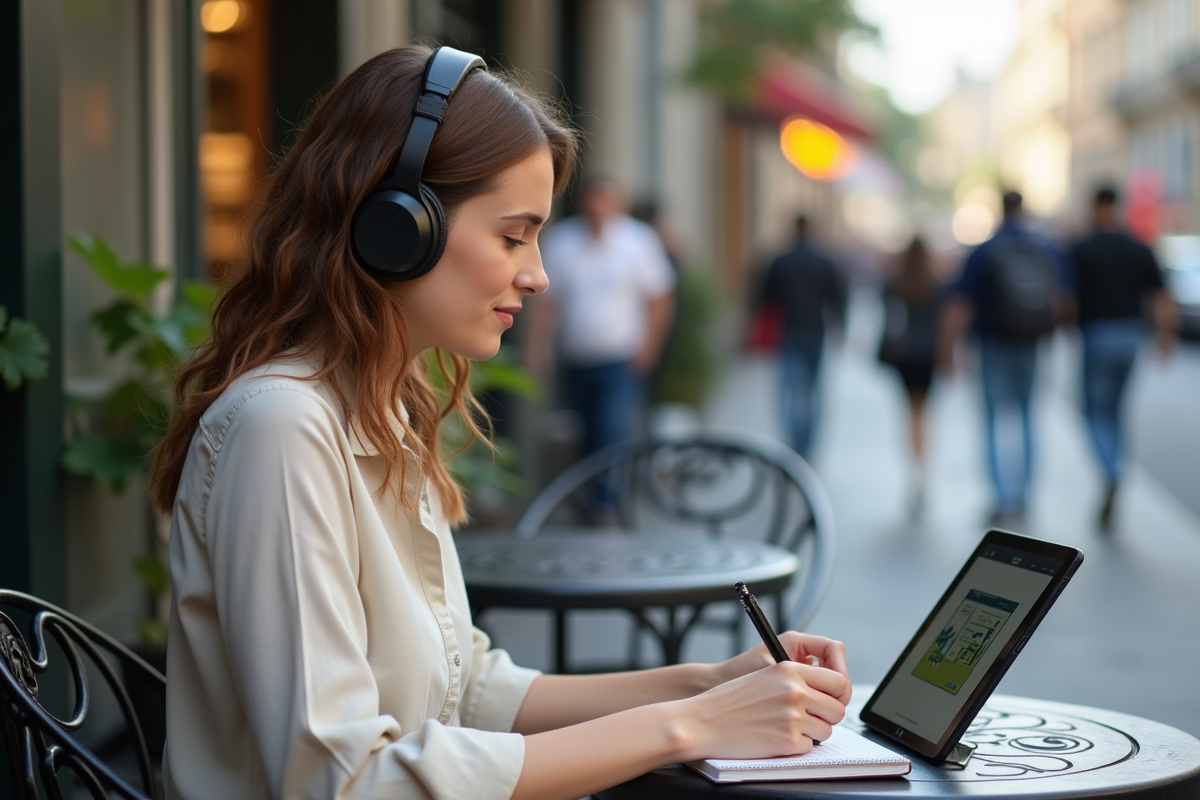 Jeune femme au café utilisant une tablette et prenant des notes