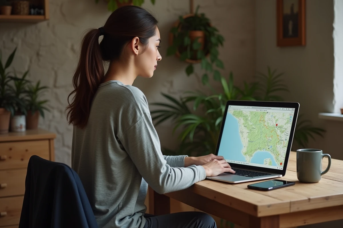 Femme regardant une carte numérique sur son ordinateur à la maison