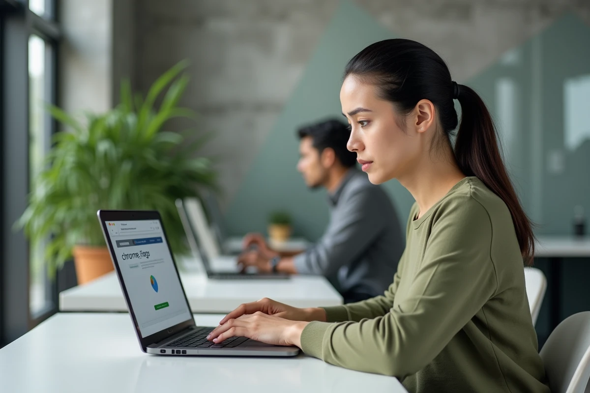 Femme tapant chrome://flags dans la barre d'adresse d'un navigateur Chrome sur un ordinateur portable dans un espace de coworking