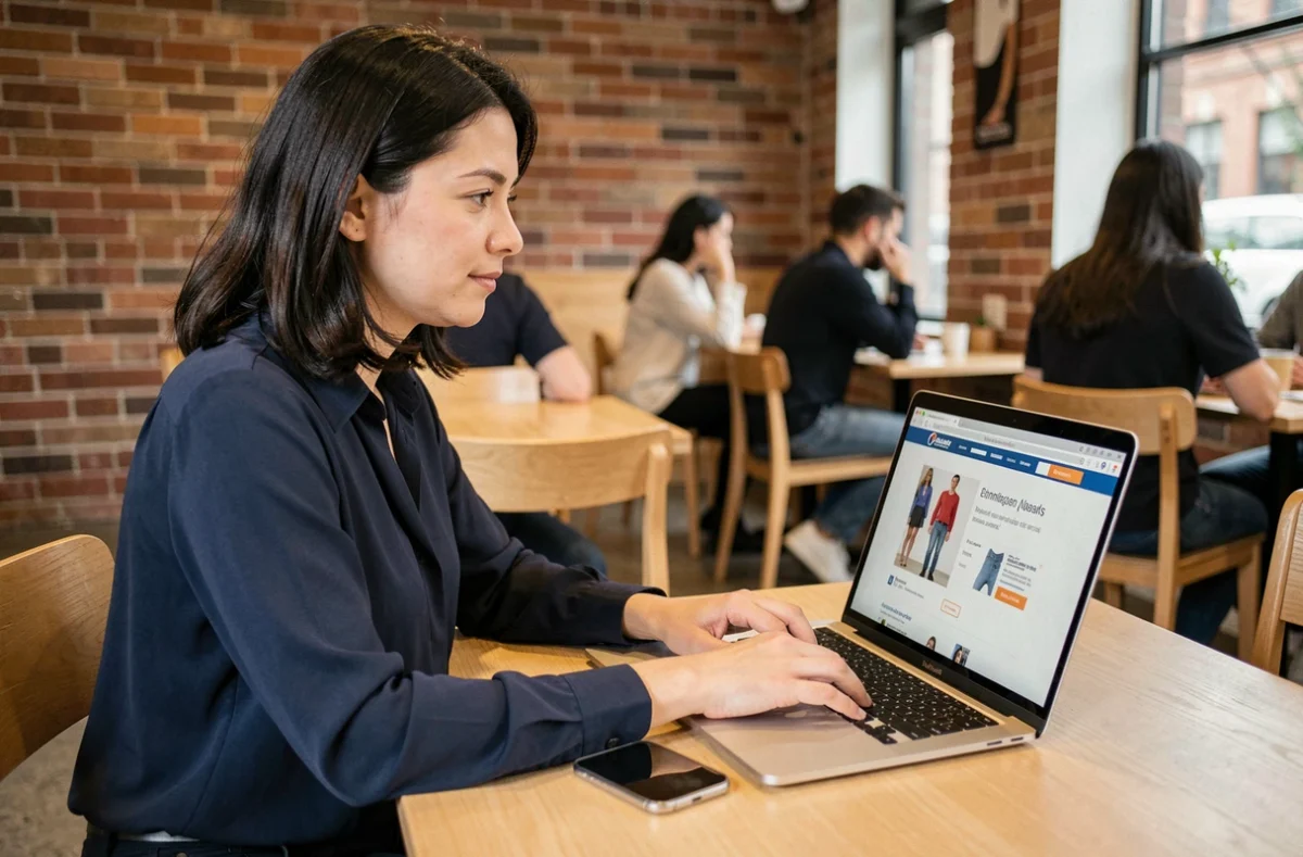 Femme comparant des offres de reprise d'iPhone sur un site de revente depuis un café