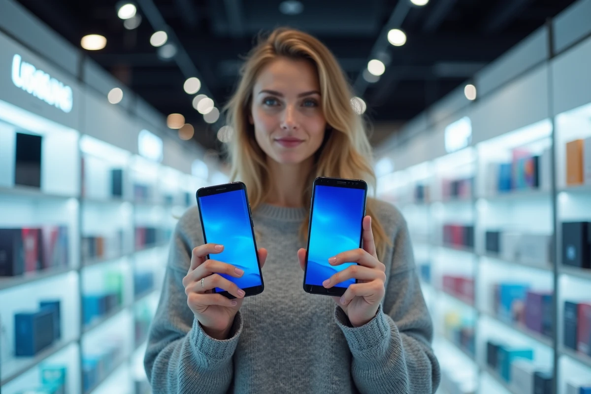 Femme comparant deux smartphones Samsung en magasin pour identifier la meilleure série à acheter