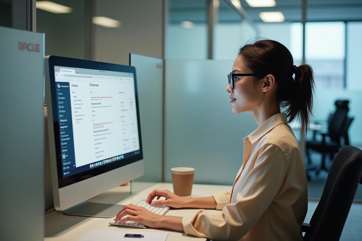 Femme en blouse regarde son écran d