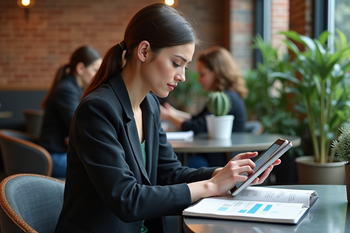 Jeune femme travaillant sur une tablette dans un café moderne