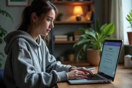 Jeune femme utilisant Discord sur son ordinateur portable avec du texte en italique visible à l'écran