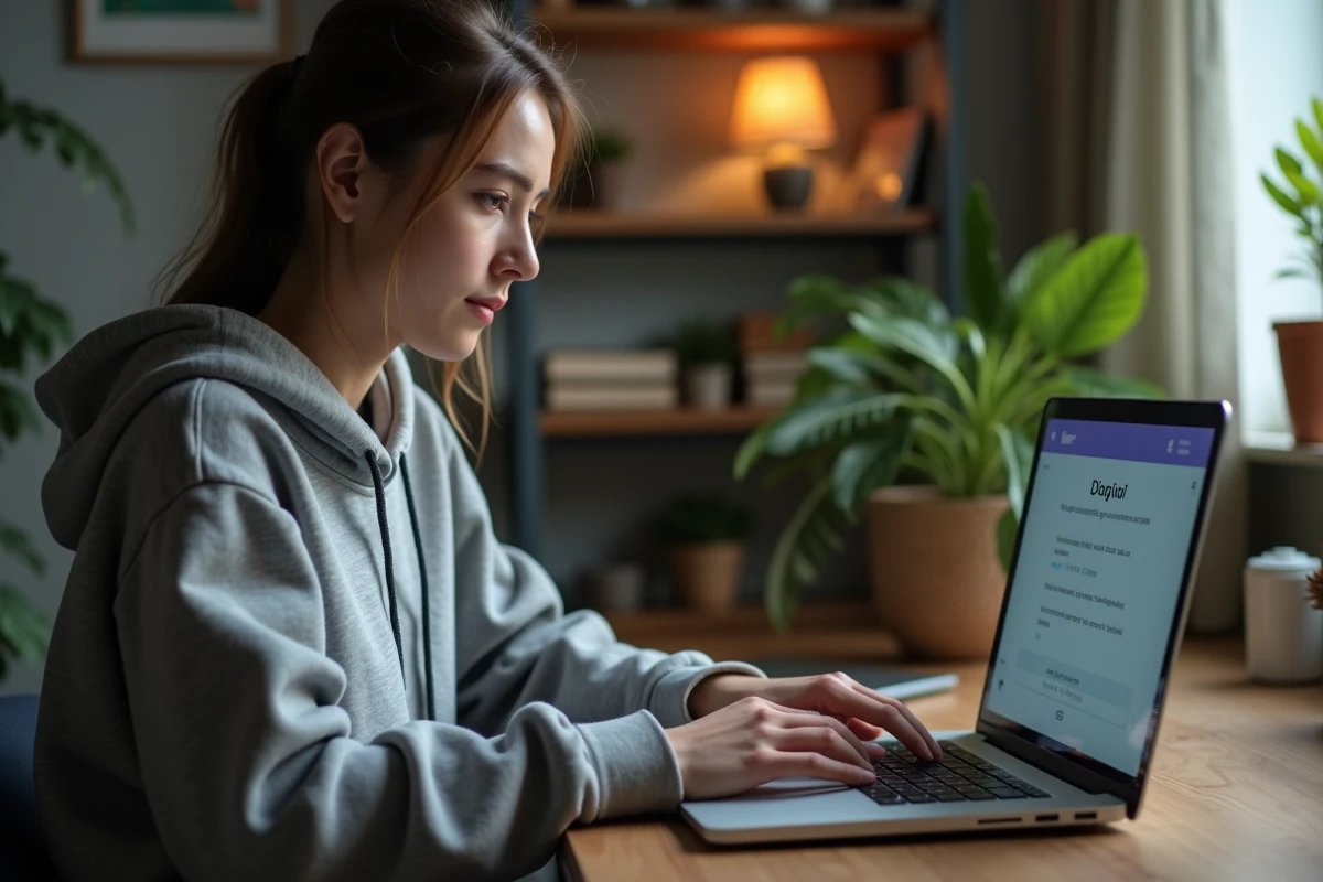 Jeune femme utilisant Discord sur son ordinateur portable avec du texte en italique visible à l'écran