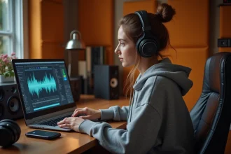 Jeune femme éditant un fichier audio WAV sur son ordinateur portable dans un studio à domicile