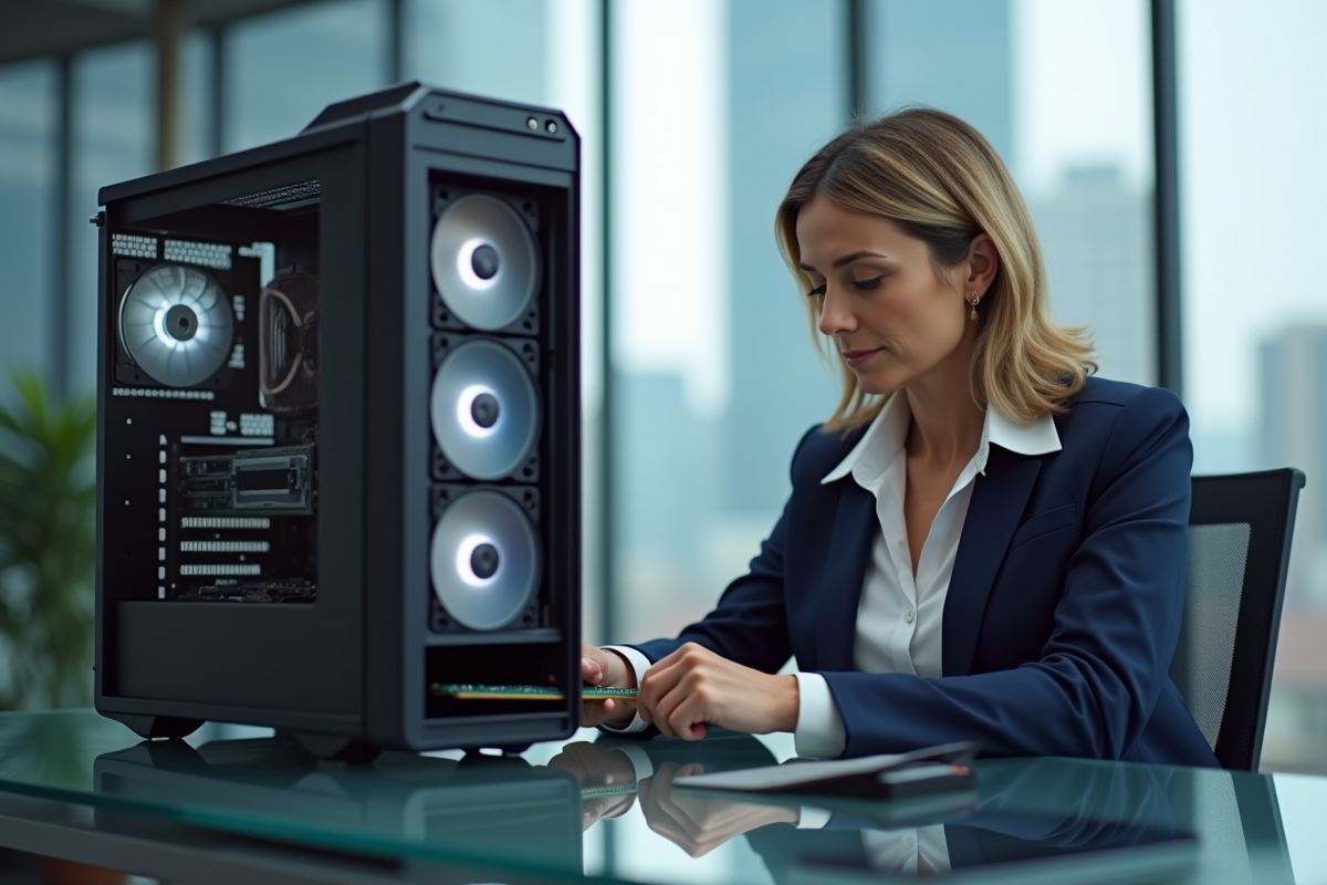 Femme d affaires installe une barrette RAM dans un ordinateur