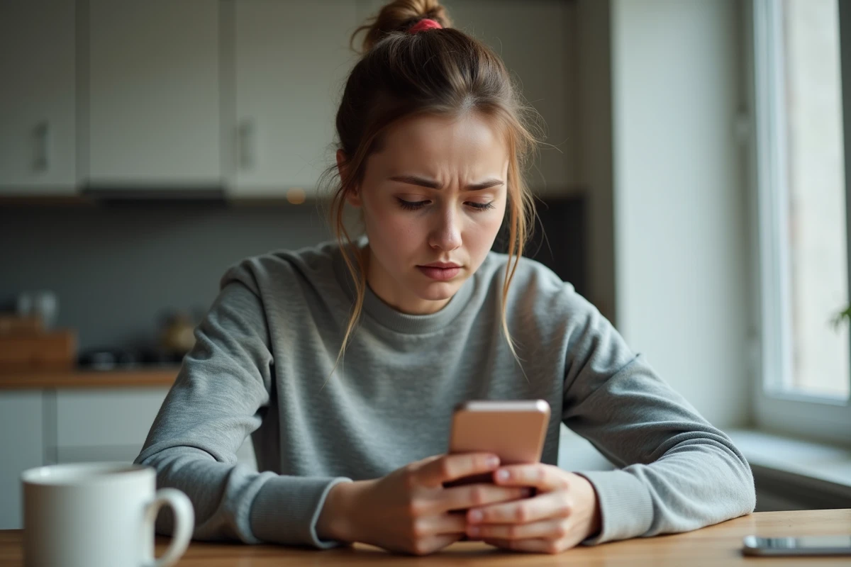 Femme inquiète regardant son iPhone après une réinitialisation, tentant de récupérer des photos supprimées définitivement