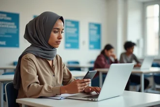 Jeune femme africaine utilisant un ordinateur dans un centre communautaire
