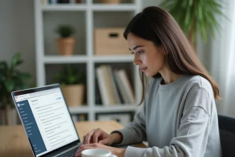 Jeune femme organisant sa boîte mail sur un webmail depuis un bureau à domicile