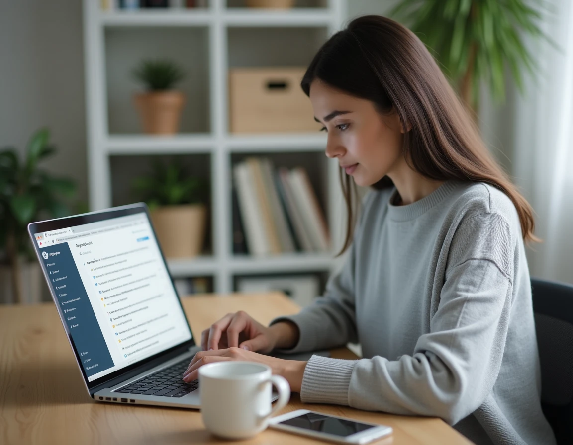 Jeune femme organisant sa boîte mail sur un webmail depuis un bureau à domicile