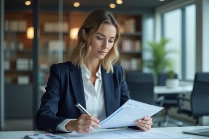 Femme d'affaires en blazer navy examine un document