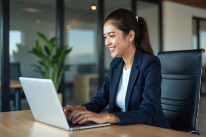 Femme professionnelle souriante utilisant un chatbot au bureau