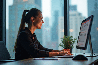 Femme professionnelle utilisant un ordinateur pour gérer sa reputation en ligne