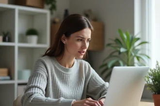 Femme frustrée devant un ordinateur portable essayant de récupérer un mot de passe oublié sur un compte en ligne