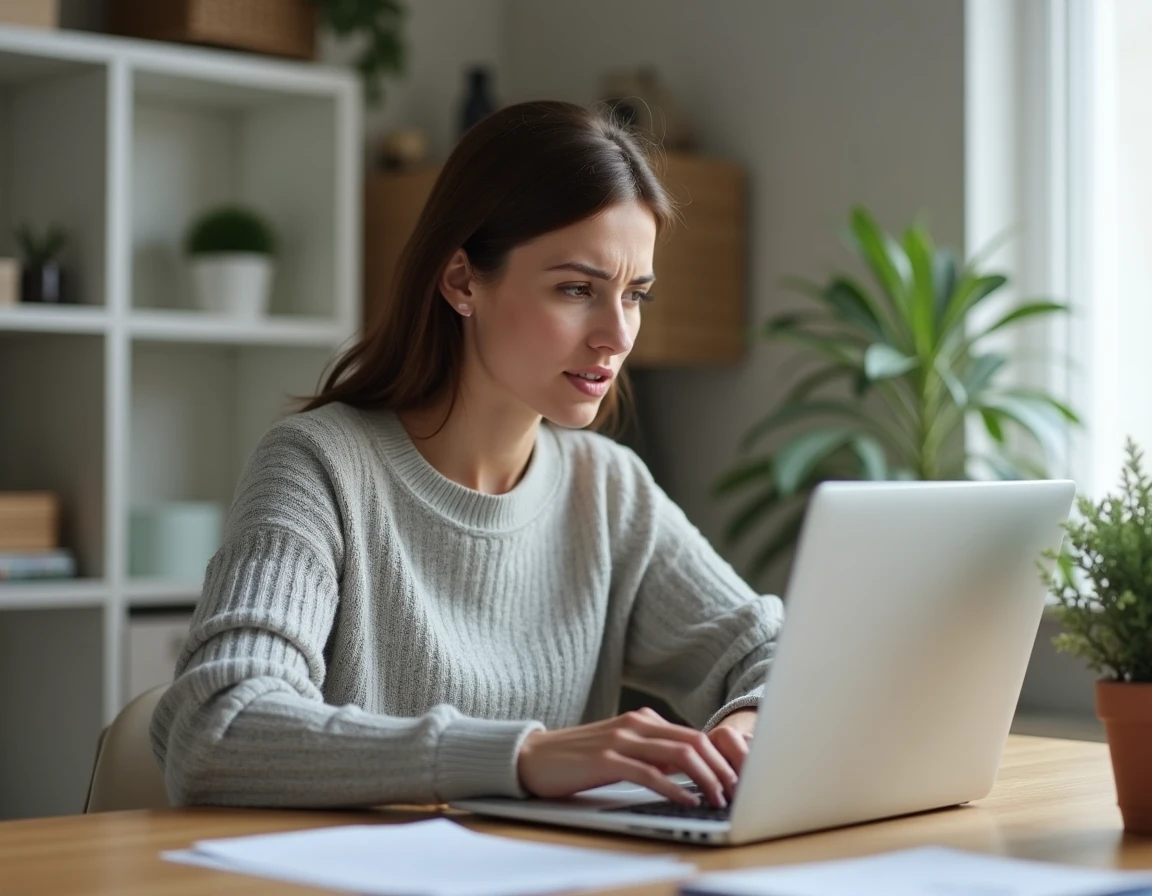 Femme frustrée devant un ordinateur portable essayant de récupérer un mot de passe oublié sur un compte en ligne