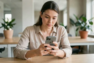 Femme utilisant un smartphone Samsung Galaxy S25 au bureau pour des tâches assistées par intelligence artificielle