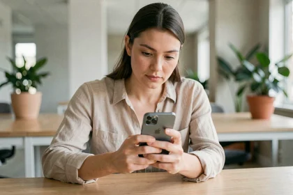 Femme utilisant un smartphone Samsung Galaxy S25 au bureau pour des tâches assistées par intelligence artificielle