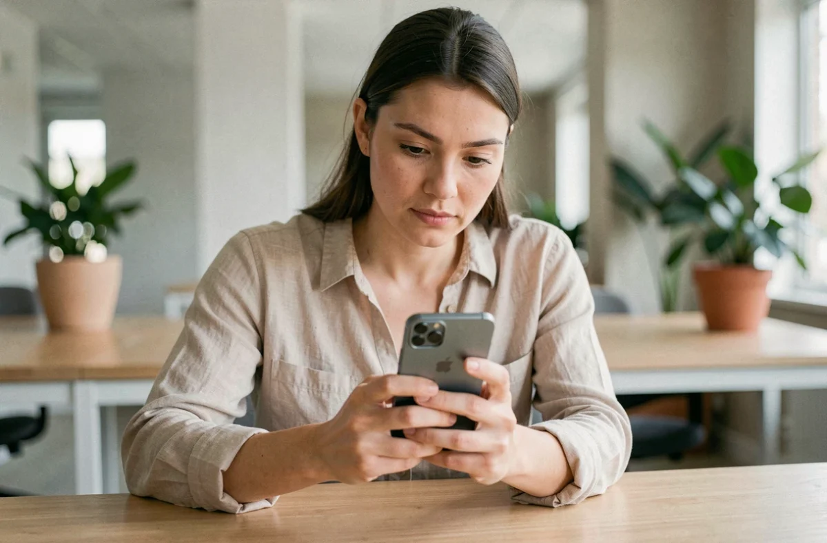 Femme utilisant un smartphone Samsung Galaxy S25 au bureau pour des tâches assistées par intelligence artificielle
