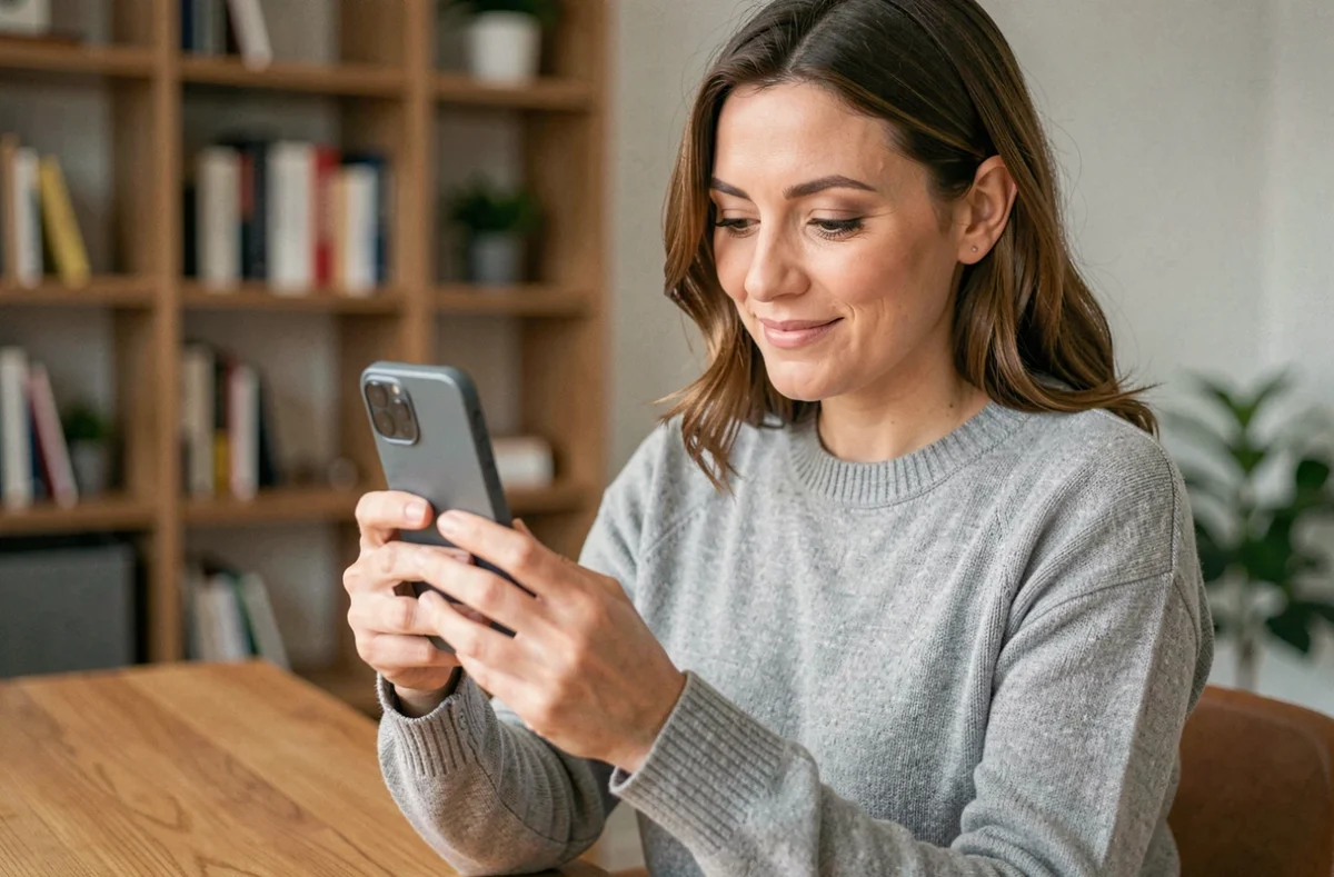 Femme inspectant un smartphone reconditionné haut de gamme dans un bureau minimaliste moderne