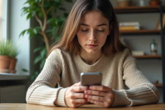 Jeune femme utilisant WhatsApp sur smartphone pour surligner des messages importants dans une conversation