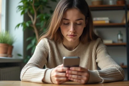 Jeune femme utilisant WhatsApp sur smartphone pour surligner des messages importants dans une conversation