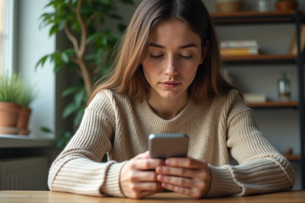 Jeune femme utilisant WhatsApp sur smartphone pour surligner des messages importants dans une conversation