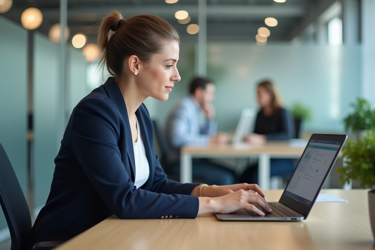 Femme professionnelle transférant des fichiers sur son ordinateur portable dans un open-space moderne, illustrant l'intégration de SwissTransfer dans le workflow collaboratif quotidien
