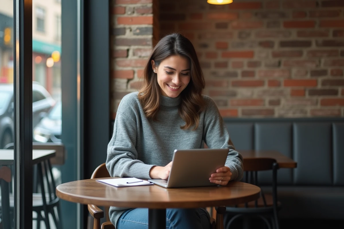 Femme travaillant sur une tablette dans un café urbain