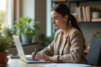 Femme concentrée en coworking avec ordinateur et carnet