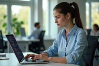 Jeune femme travaillant sur un ordinateur dans un bureau lumineux