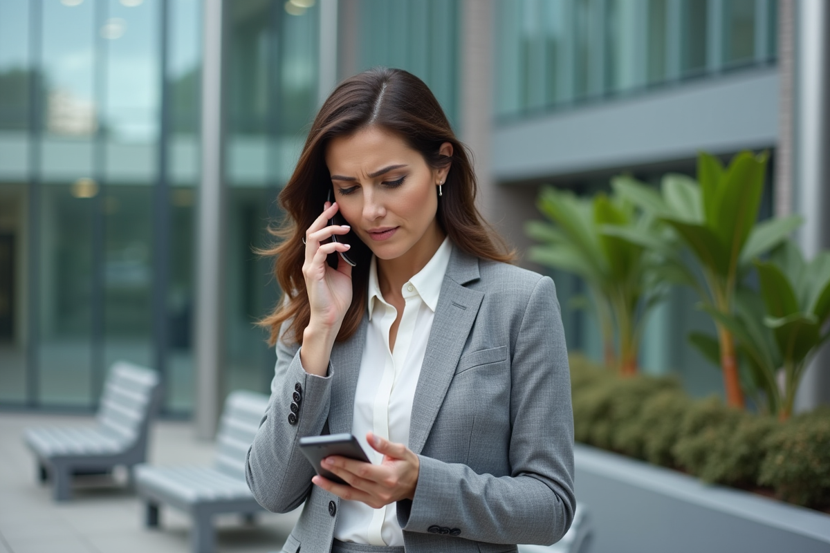 Femme d affaires utilisant la recherche vocale en extérieur