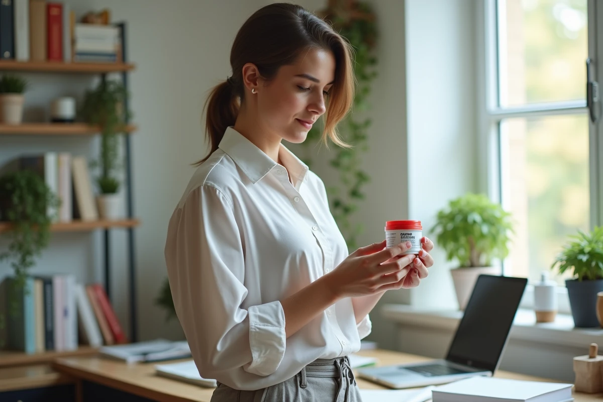 Jeune femme tient un contenant de Grovop dans un bureau lumineux