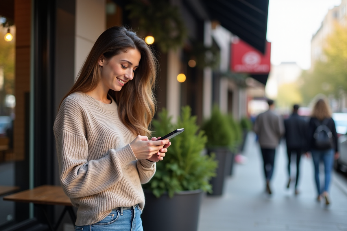 Femme souriante utilisant son smartphone dans une rue urbaine animée