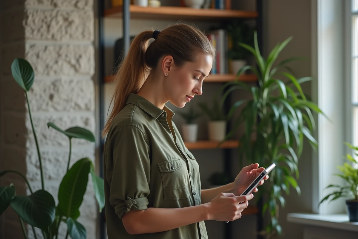 Jeune femme examine les ports de sa box internet