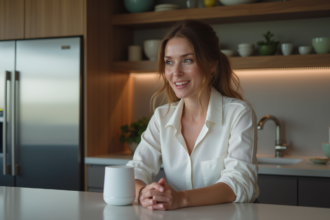 Femme parlant à un assistant vocal dans une cuisine moderne