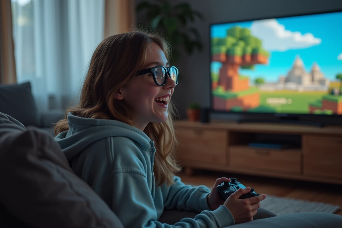 Fille jouant à un jeu vidéo dans un salon cosy