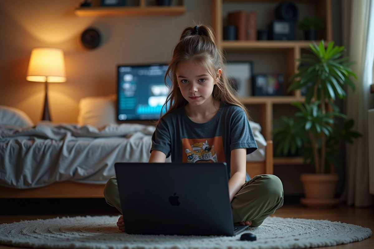 Fille analysant des données sur un laptop gaming dans sa chambre