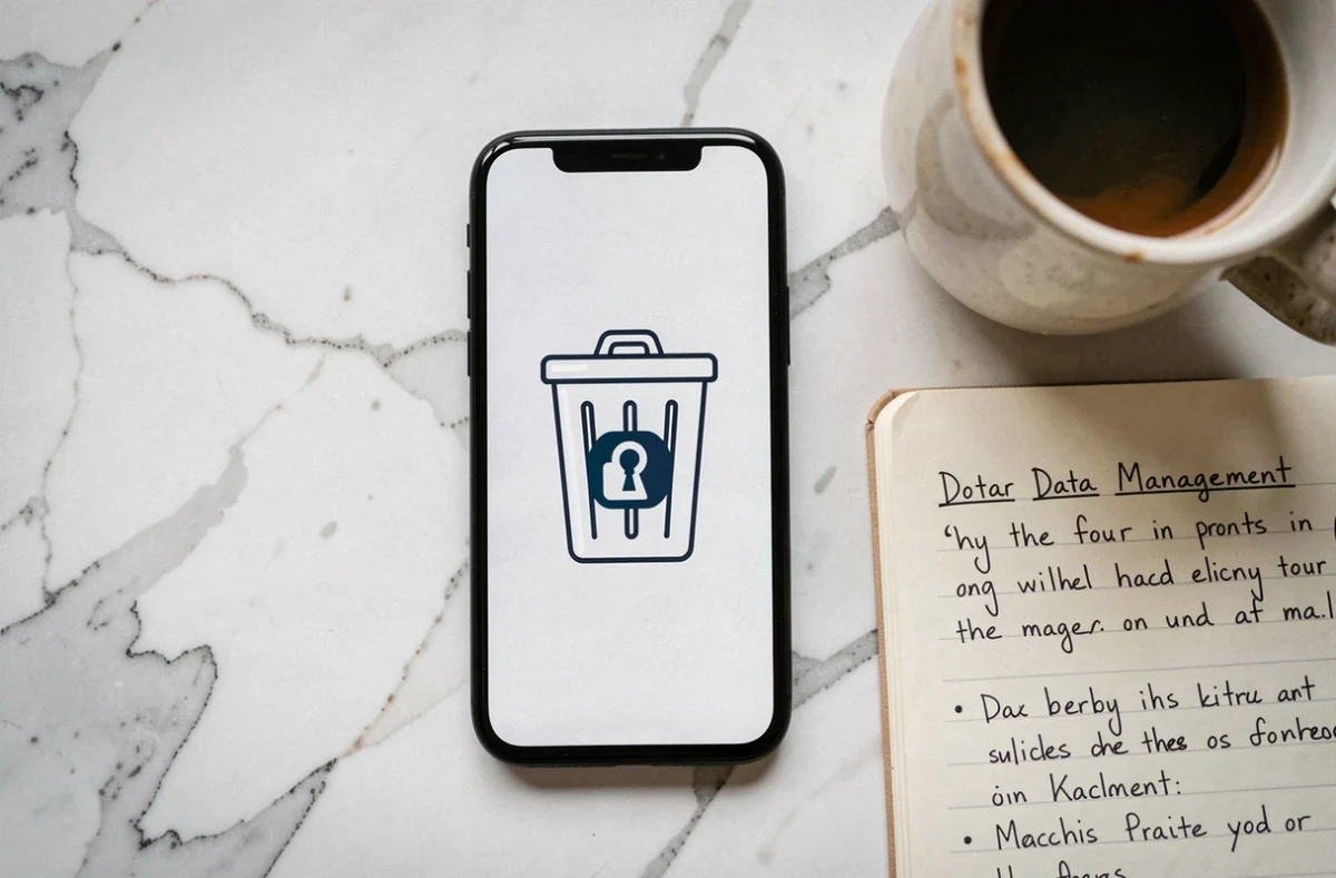 Vue de dessus d'un smartphone affichant une corbeille sécurisée avec icône de confidentialité, posé sur marbre blanc avec carnet de notes sur la gestion des données