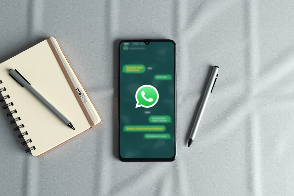 Vue de dessus d'un smartphone affichant WhatsApp avec un message surligné en jaune sur une surface en lin gris