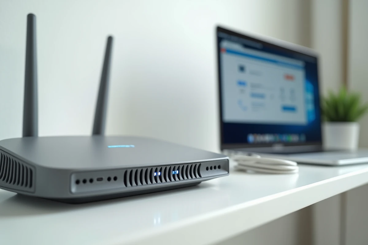 Freebox posée sur une étagère avec un ordinateur affichant l'interface de redémarrage mafreebox.freebox.fr en arrière-plan
