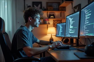 Jeune gamer concentré tapant sur clavier dans son bureau