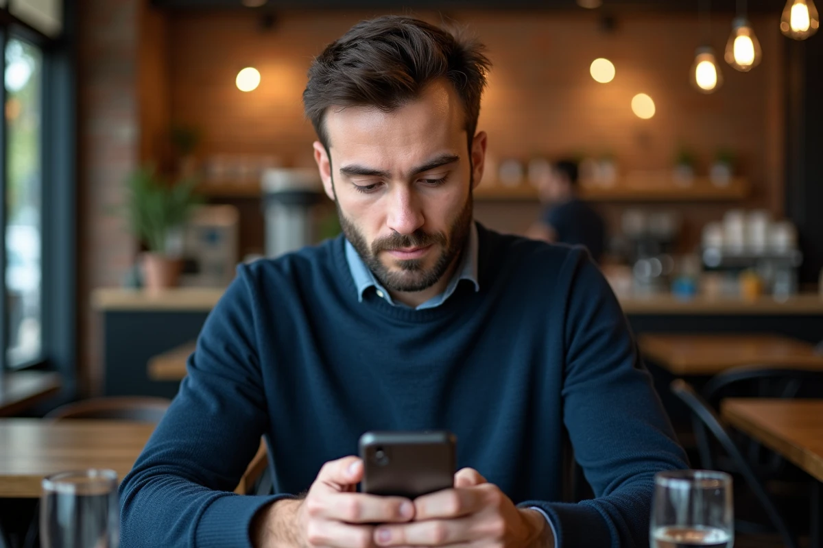 Homme consultant et organisant ses mails Orange sur smartphone dans un café moderne