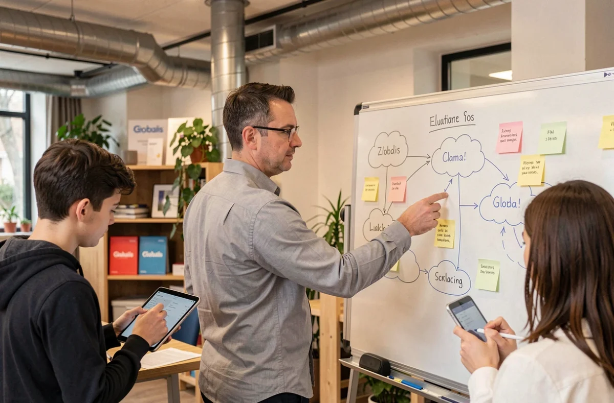 Architecte cloud Globalis expliquant une infrastructure à son équipe dans un espace de travail collaboratif parisien