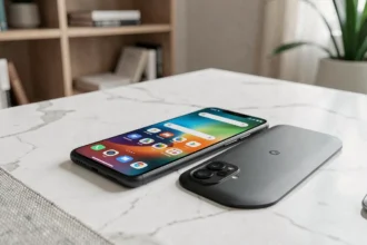 Google Pixel 9 Pro XL posé sur un bureau en marbre blanc avec écran allumé, vue en plongée légère