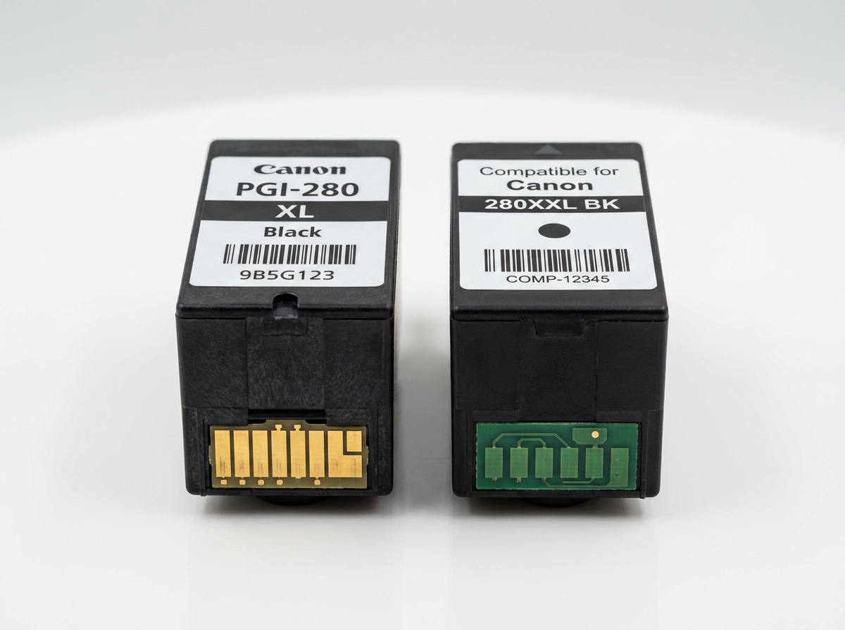 Gros plan comparatif entre une cartouche Canon d'origine et une cartouche compatible tierce sur fond blanc