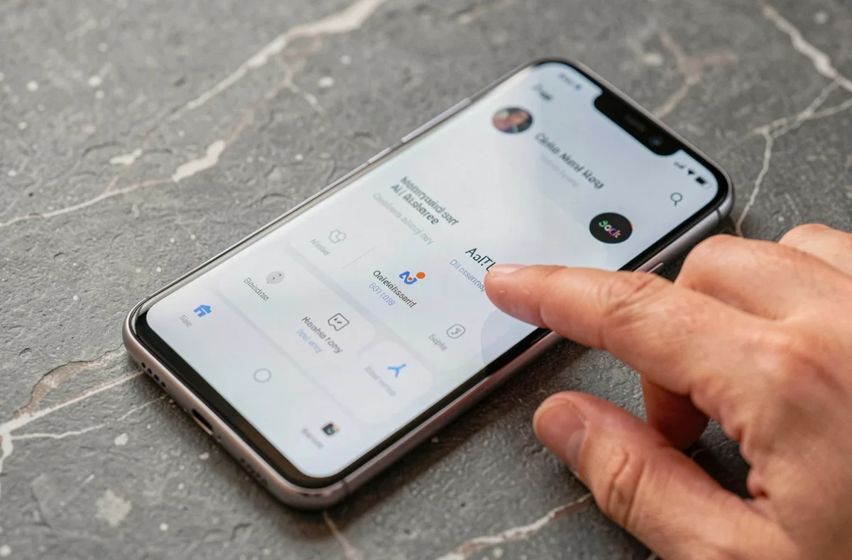 Gros plan sur l'écran du Samsung Galaxy S25 affichant une interface d'intelligence artificielle avec une main en approche