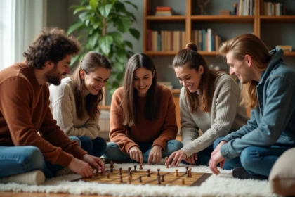 Groupe d'amis jouant à un jeu de société dans un salon chaleureux