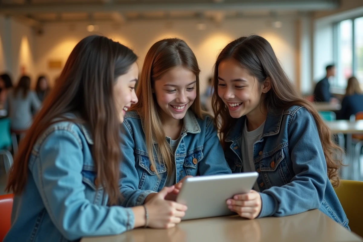 Groupe d'élèves de lycée discutant des résultats d'un outil numérique d'orientation professionnelle sur une tablette en salle de restauration scolaire